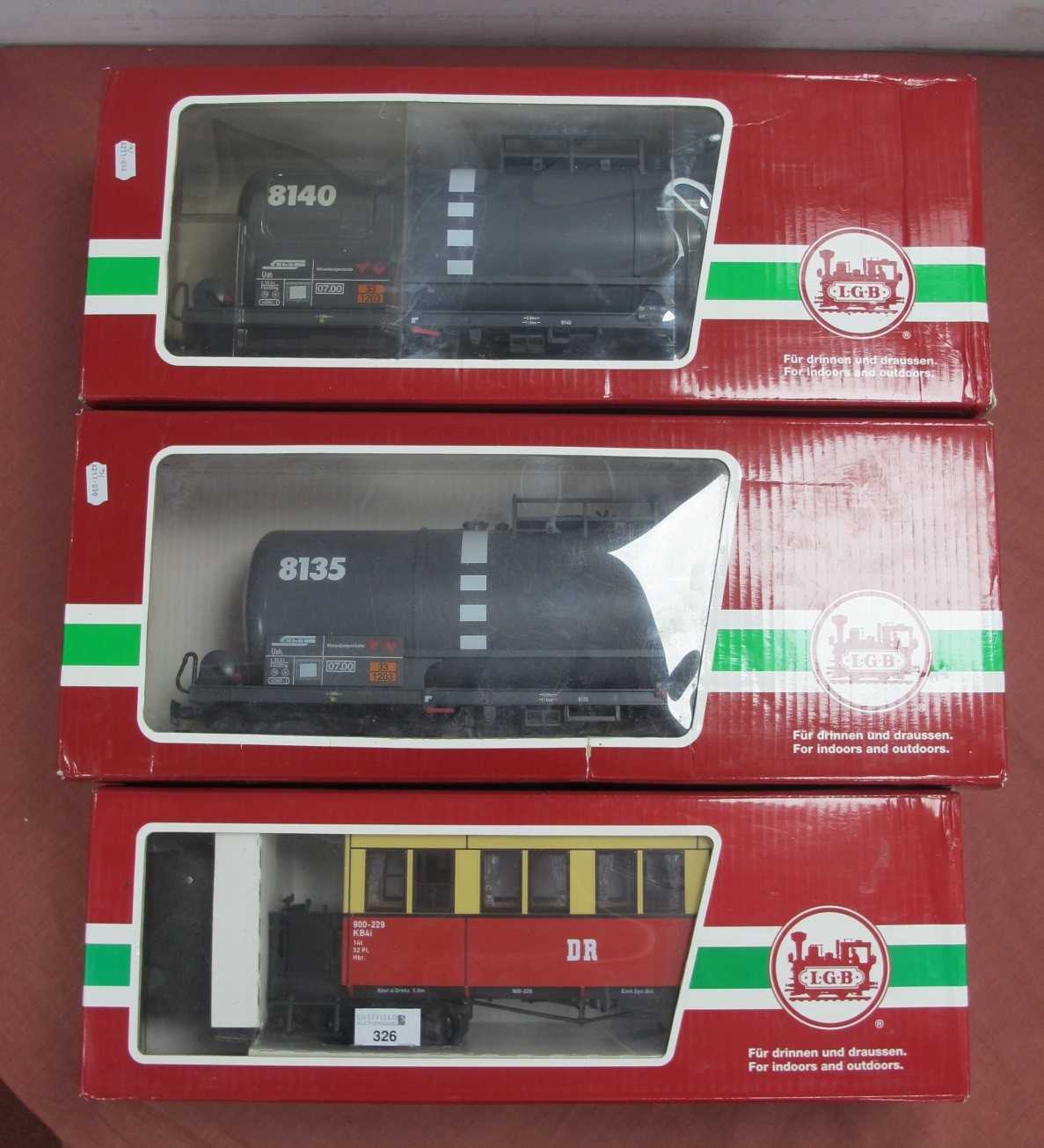 Three L.G.B "G" Gauge Boxed Items of Rolling Stock, comprising two Ref No 40830 "RHB" 8140 tank