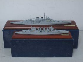 Two White Metal Warship Display Models by Skytrex. HMS Renown and HMS Cumberland both presented on