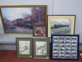 Six Framed Prints / Cigarette Cards Display all featuring Steam Locomotives. The largest frame