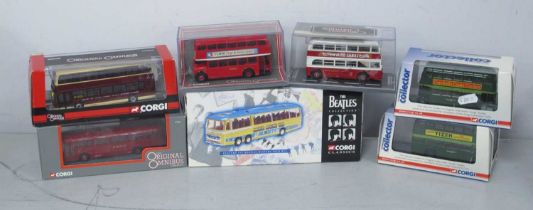 Seven Corgi Diecast Model Buses to include #35302 The Beatles Collection Bedford Val Magical Mystery