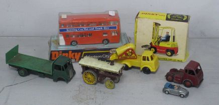 Dinky toys No 404 Conveyancer Fork Lift, boxed, No 29 Atlantean City Bus, carded, plus associated