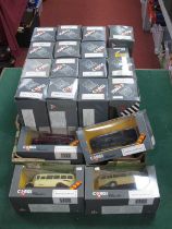 Twenty Corgi Diecast Model Buses and Commercial Vehicles, Mostly Bedford Type OB Coaches, boxed.