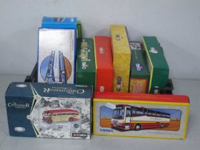 Eleven Diecast Model Buses by Corgi, to include #33302 1:50 Western Albion Valiant Duple Coach, #