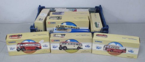 Ten Diecast Model Buses by Corgi to include #35304 Bedford VAL, Smiths Tours (Shearings), #97171