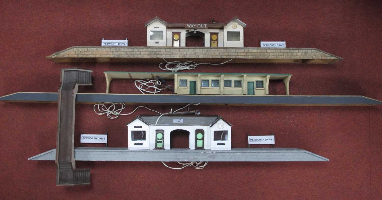 Four Wooden 'Homebuilt' 'Gauge G'/1' Stations and Footbridge, with electric 12volt lamps.