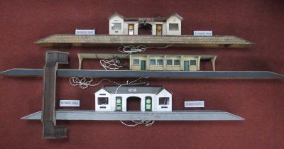 Four Wooden 'Homebuilt' 'Gauge G'/1' Stations and Footbridge, with electric 12volt lamps.