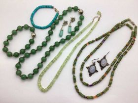 A Selection of Modern Polished Hardstone Jewellery, in hues of green and blue, including a bead