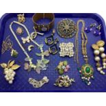 Vintage and Later Costume Jewellery, including brooches, earrings, necklaces, bangle :- One Tray