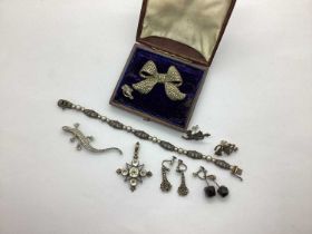 Vintage Marcasite Se Bow Brooch, marcasite set bracelet, salamander brooch, antique cross style
