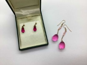 A Pair of Faceted Pink Drop Earrings, Stamped "9ct", together with another pair of a similar