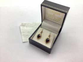 A Pair of 9ct Gold Blue John Drop Earrings, collet set, plain post fitting, in original Treak