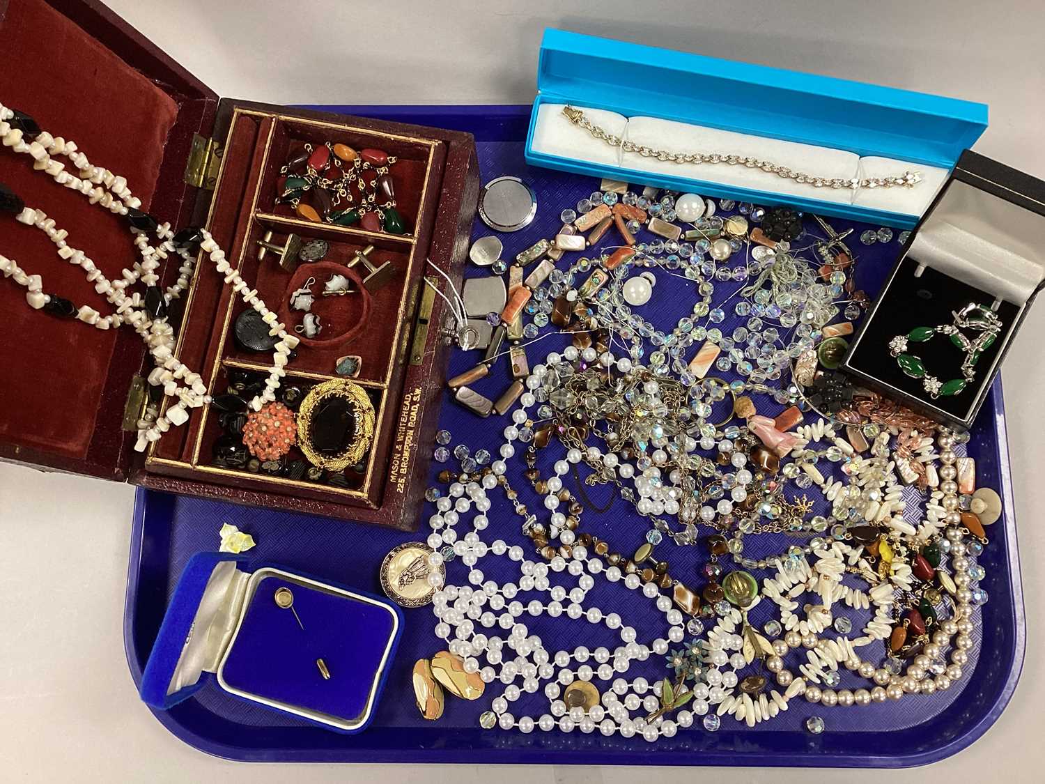 Assorted Costume Jewellery, including modern bracelets, assorted beads, antique Mason & Whitehead