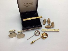 A 9ct Gold Tie Slide, (6grams); together with a rolled gold example; cufflinks etc.