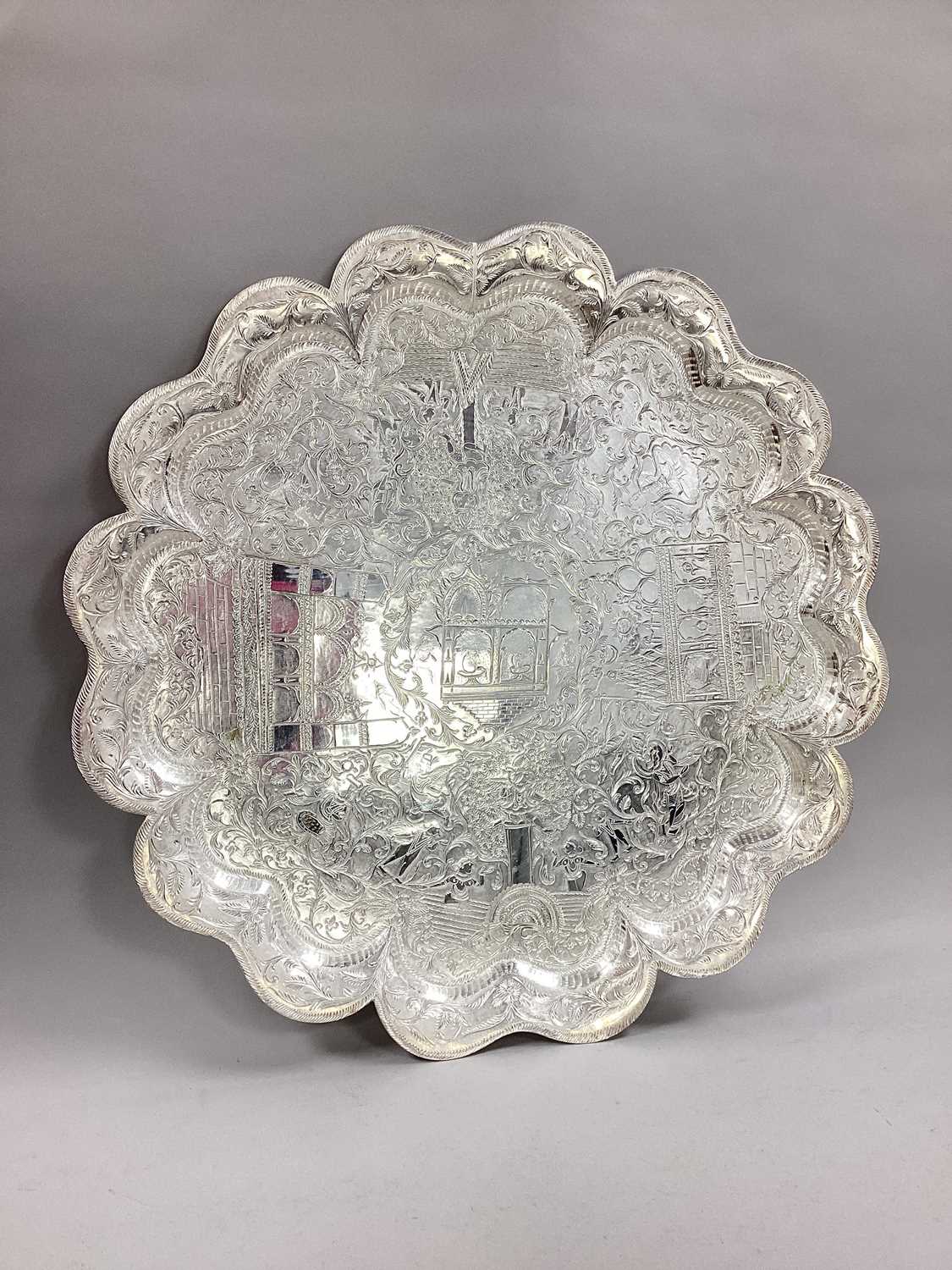 A Highly Decorative Anglo Indian Plated Tray, of shaped design, allover profusely detailed with