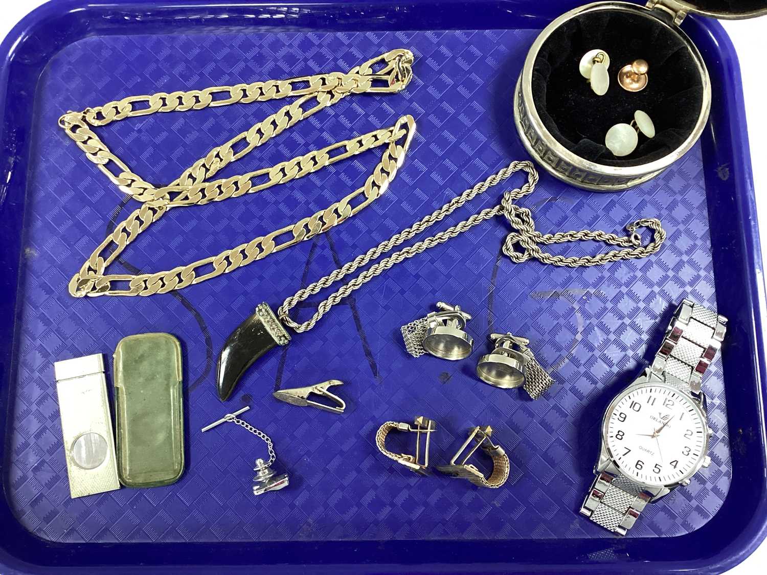 A Cigar Cutter, cufflinks and Mexican style tie clip, chains, dress stud, circular trinket box,