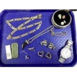 A Cigar Cutter, cufflinks and Mexican style tie clip, chains, dress stud, circular trinket box,