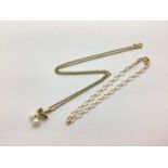 A 9ct Gold Chain, suspending pearl pendant; together with a modern bracelet stamped "375". 5.