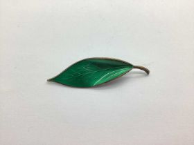 David Andersen; A Norwegian Green Enamel Leaf Brooch, stamped "D-A 925S" "NORWAY STERLING" (7cm