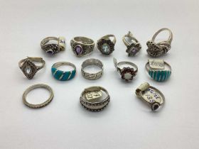 A Collection of Modern "925" and Other Rings, to include stone set floral cluster design,