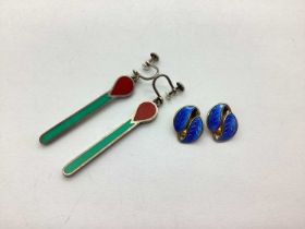 David Andersen; A Pair of Blue Enamel Clip On Earrings, stamped "D-A Sterling Norway"; together with