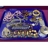 Assorted Costume Jewellery, incuding bead necklaces, bangle, brooches including hallmarked silver