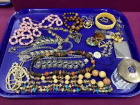 Assorted Costume Jewellery, incuding bead necklaces, bangle, brooches including hallmarked silver