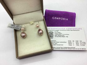 Gemporia; Sterling Silver Naturally Papaya and Lavender Cultured Pearl and White Topaz Earrings, the