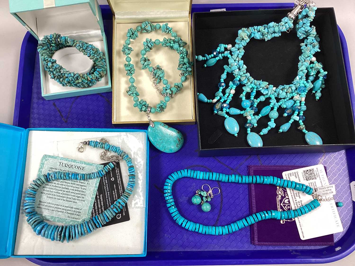 A Collection of Turquoise and Other Polished Hardstone Jewellery, including a TGGC necklace, of