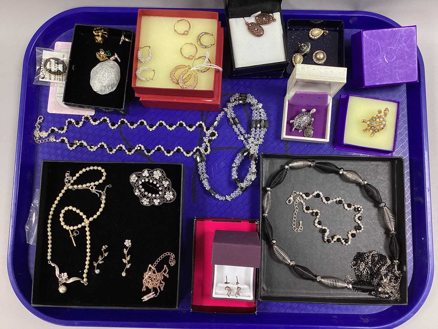 Assorted Costume Jewellery, including creole and hoop earrings stamped "375", T-bar, brooches,