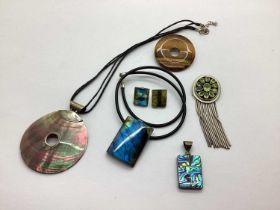 Modernist Style Labradorite Rectangular Panel Pendant, on black necklet; together with matching