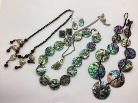 A Small Collection of Shell Jewellery, including a necklace of panel design, to "925" clasp, with