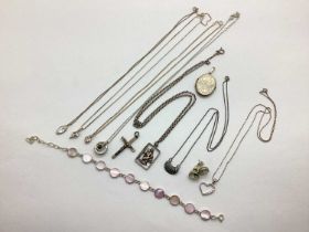 Modern Shell Inset Bracelet, pendants on chains, oval locket pendant stamped "Silver", etc.