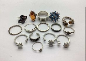 "925" and Other Modern Dress Rings, including amber colour, TGGC large cluster, bands etc.