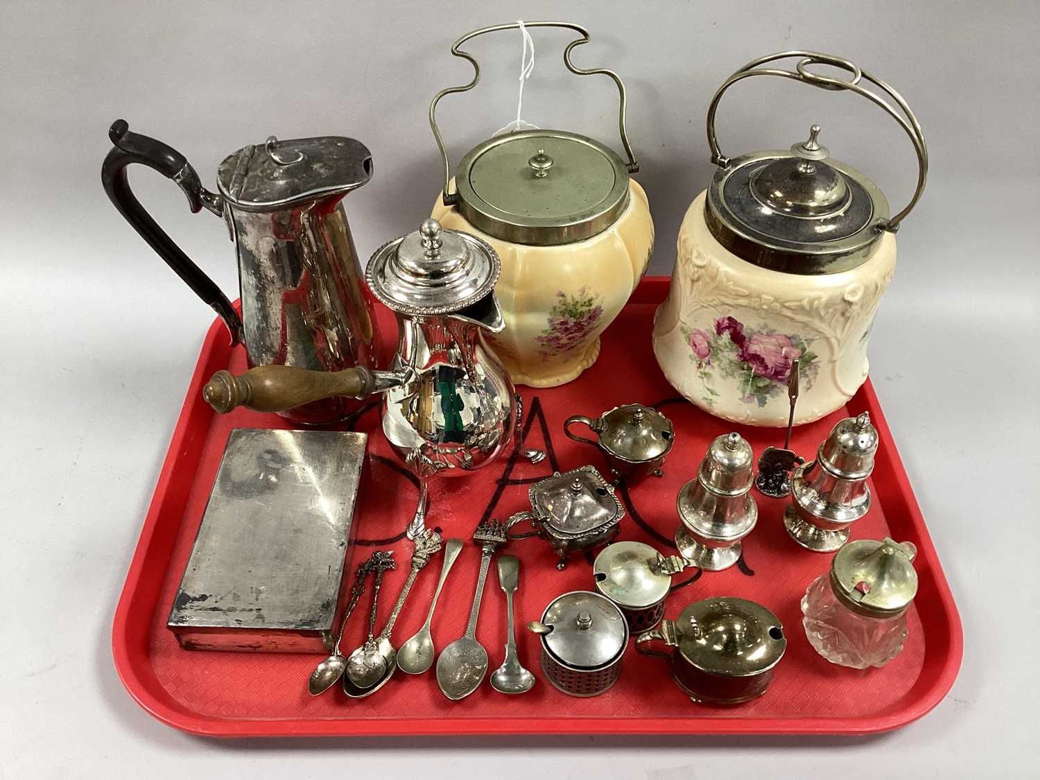 Assorted Plated Cruet Items, two decorative blush biscuit barrels, each with swing handle;