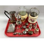 Assorted Plated Cruet Items, two decorative blush biscuit barrels, each with swing handle;