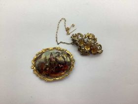 A Victorian Three Stone Brooch, oval collet set within scroll setting; together with a large oval