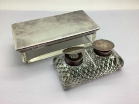 A Hallmarked Silver Mounted Double Glass Inkwell, 10cm wide; together with a plain hallmarked silver
