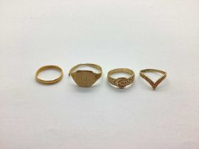 A 22ct Gold Plain Wedding Band, (1.4grams); two 9ct gold rings and a gent's signet ring (shank