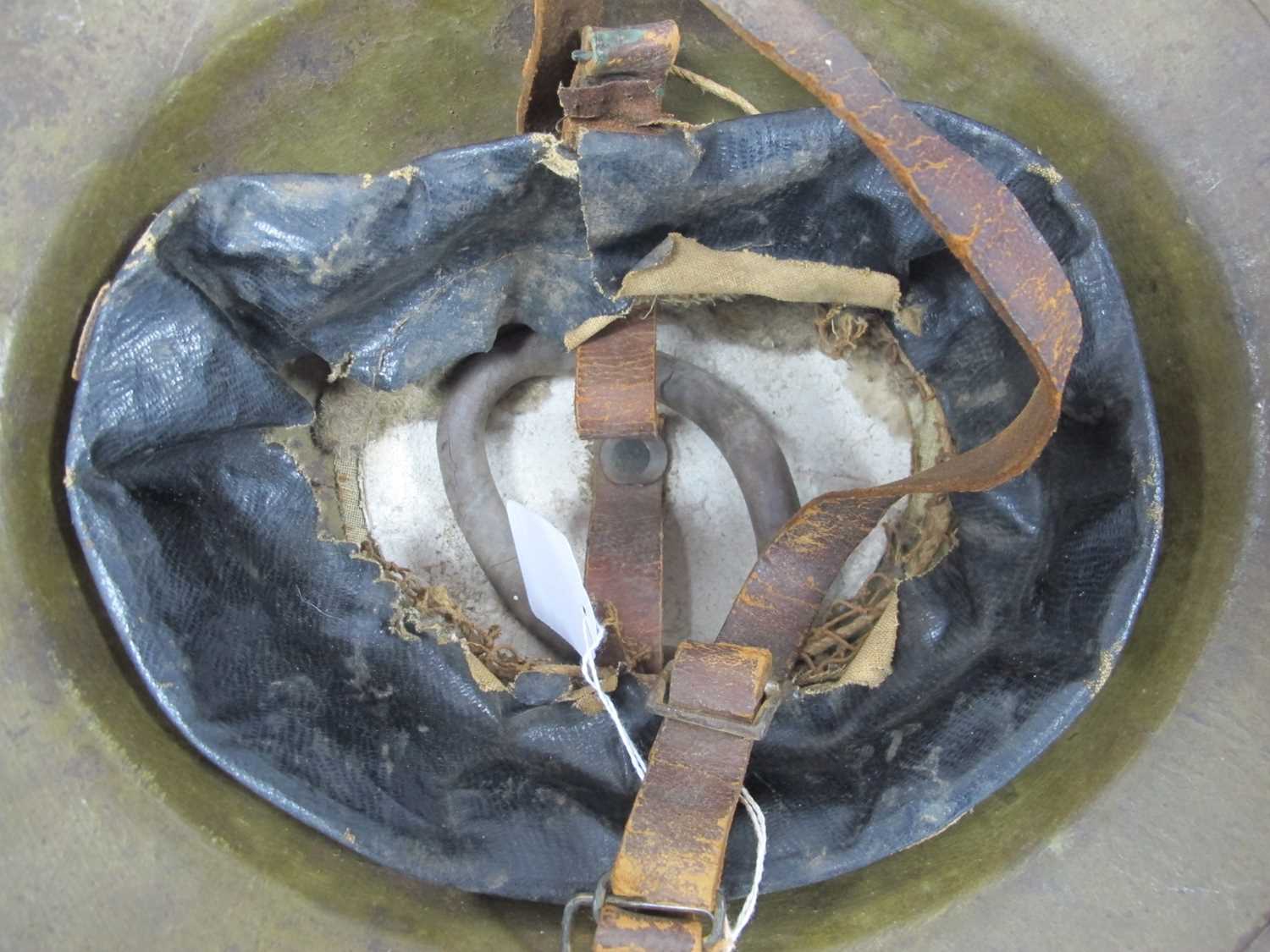 WWI British Army Brodie Mk I steel helmet with part liner and leather strap, marks on the interior - Image 11 of 11