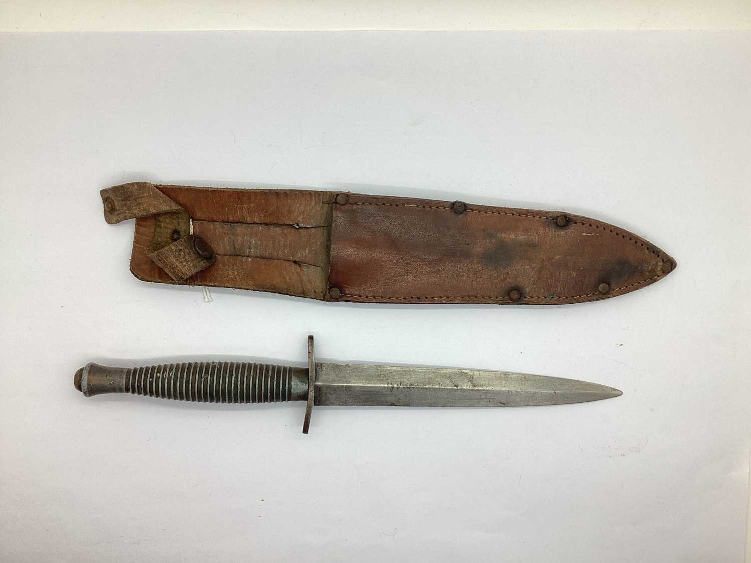 Fairbairn Sykes 3rd Pattern Fighting Knife with Non Standard Sheath, marked with number '4' on