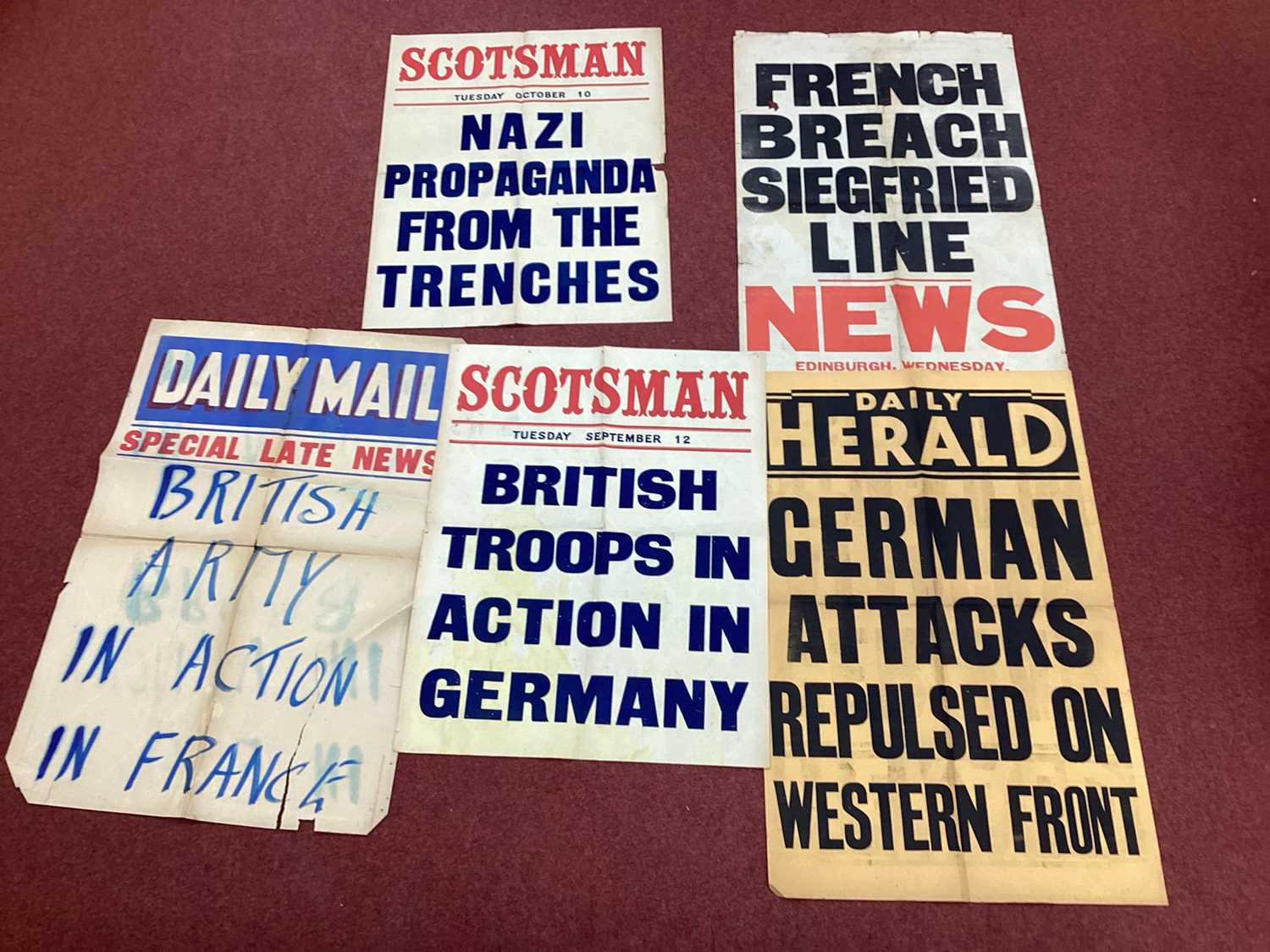 Selection of WWII Phoney War Period Newspaper Stand Fragile Posters/News Sheets, with headlines