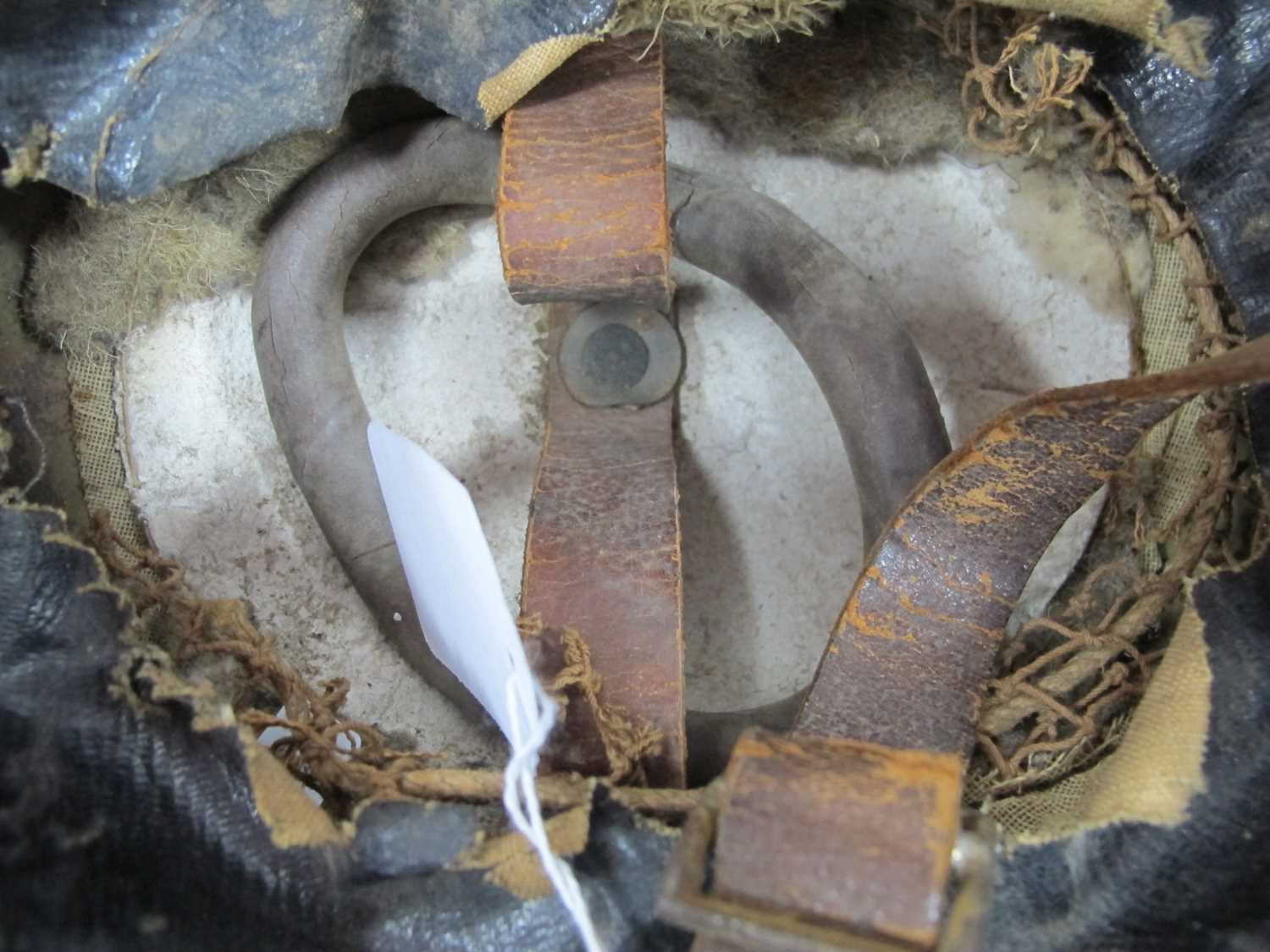 WWI British Army Brodie Mk I steel helmet with part liner and leather strap, marks on the interior - Image 9 of 11