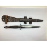 British Fairbairn Sykes Third Pattern Fighting Knife, with leather sheath.