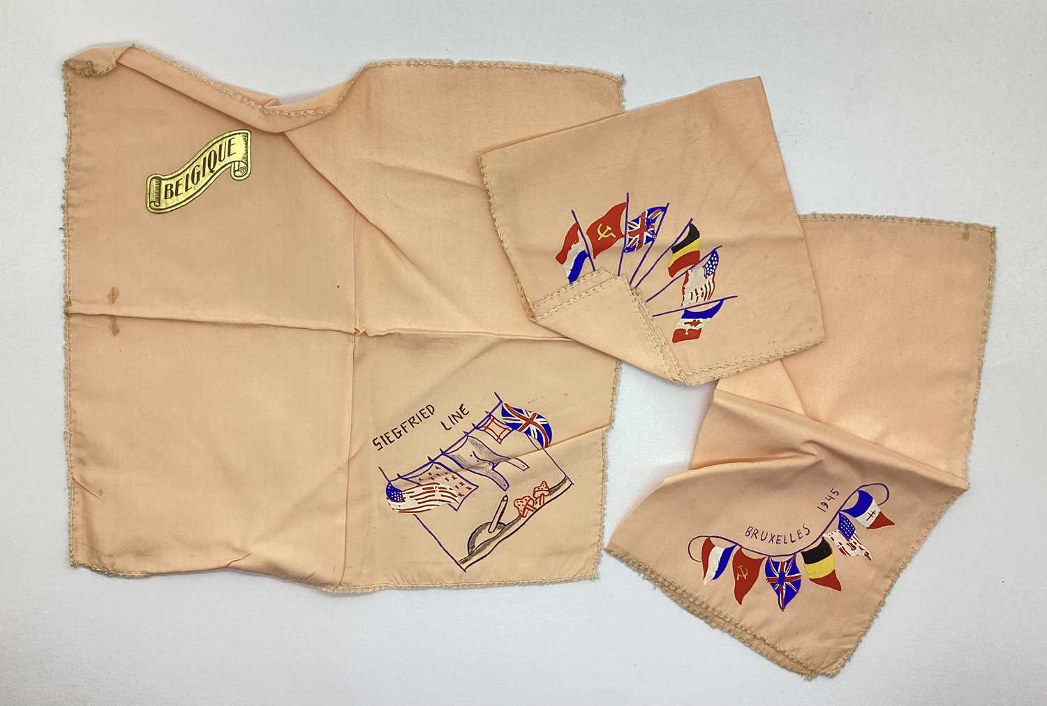 WWII Souvenir Handkerchiefs, with transfers of Allied National Flags,plus 'Siegfried Line' and '