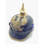 WW1 Imperial German Oldenburg Pickelhaube leather helmet with brass helmet plate, front trim, rear
