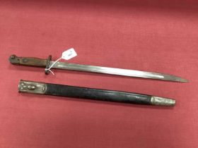 WWI British 1907 Pattern Bayonet and Scabbard, with various marks on blade, including year '16',