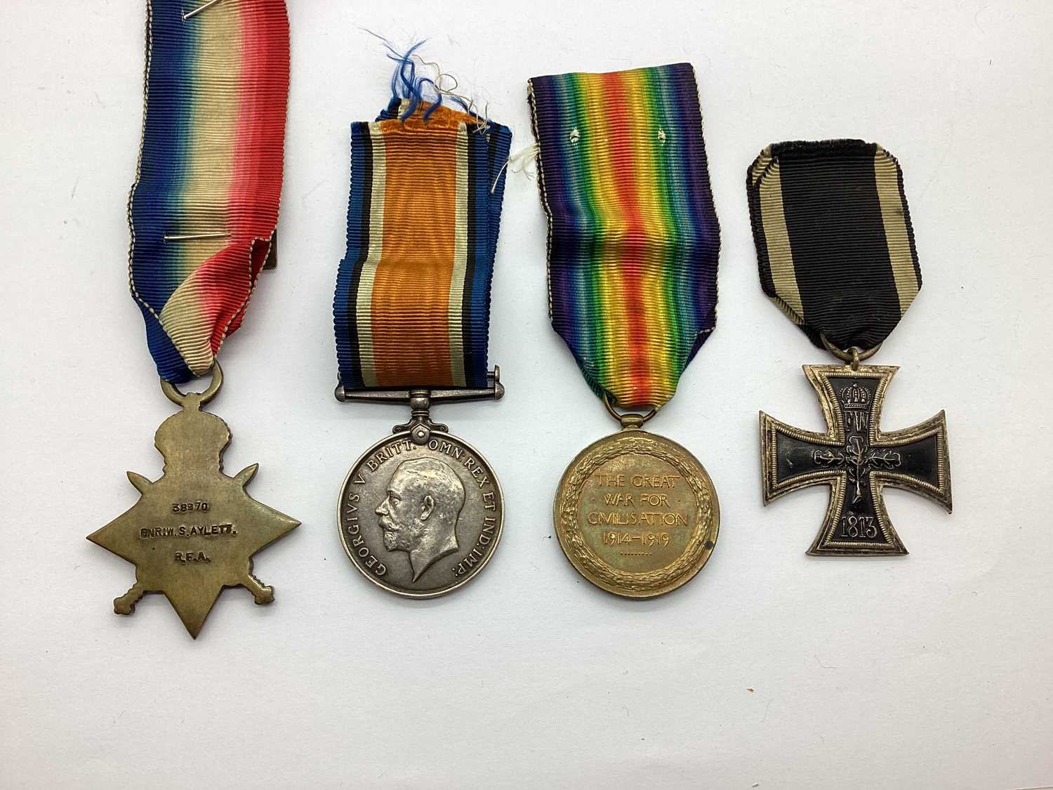 WWI Trio of British Medal, comprising 1914-15 Star awarded to 38970 GNR W S Aylett RFA, British - Image 3 of 3