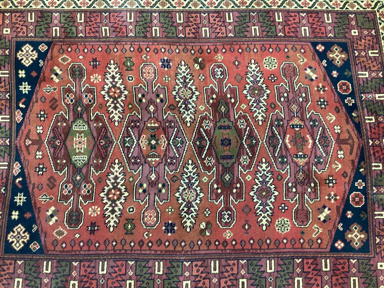Adedis Kashmir Tassled Woold Rug, with four large elongated central motifs, stylized tree on border, - Image 2 of 4