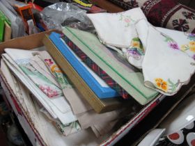 Linens, including boxed pillow sets, Irish, embroidered, doilies, mats:- One Box.