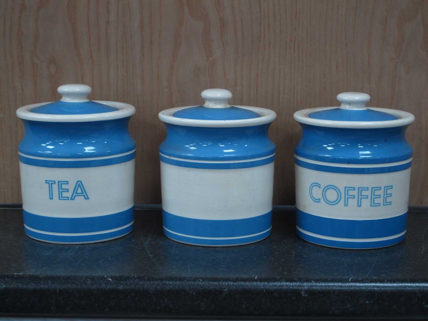 Three T.G Green Cornishware Storage Jars, black back stamp, Burleigh Calico milk jug. two Spode blue - Image 2 of 3